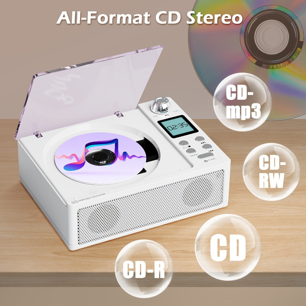 CD Player with Bluetooth Receiver FM Radio Dual Stereo Speakers, USB Player AUX Input Type-C Charging LED Display Remote Control, Multifunctional Home CD Music Player with Earphone Jack