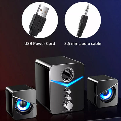 3-Piece Desktop Speaker System with Subwoofer | USB Powered PC Speakers, 3.5mm Audio Jack, Independent Bass & Treble Control, Blue LED Light – Stereo Sound for PC, Laptop, Mac & Home Office