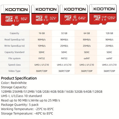 A1 C10 U1 Micro SD Card 5 Pack TF Memory Card 90MB/s High Speed 128MB to 128GB SDXC for Security Camera Drone Dash Cam Smartphone Tablet PC – Red & White Available