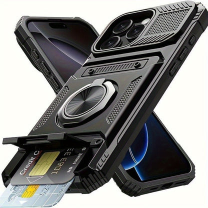 iPhone Card Slot Shockproof Case with Ring Holder & Kickstand – Wallet Phone Cover for iPhone 17 17 Air 17 Pro Max 16 15 14 13 12 11 Pro Max Plus Mini | Heavy Duty Drop Protection