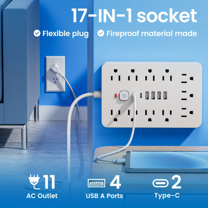 17-in-1 Flat Plug Power Strip with Surge Protector – 11 Spacious AC Outlets & 6 USB Ports (2 USB-C), Overload Protection, Space-Saving Design for Home Office Desk Dorm