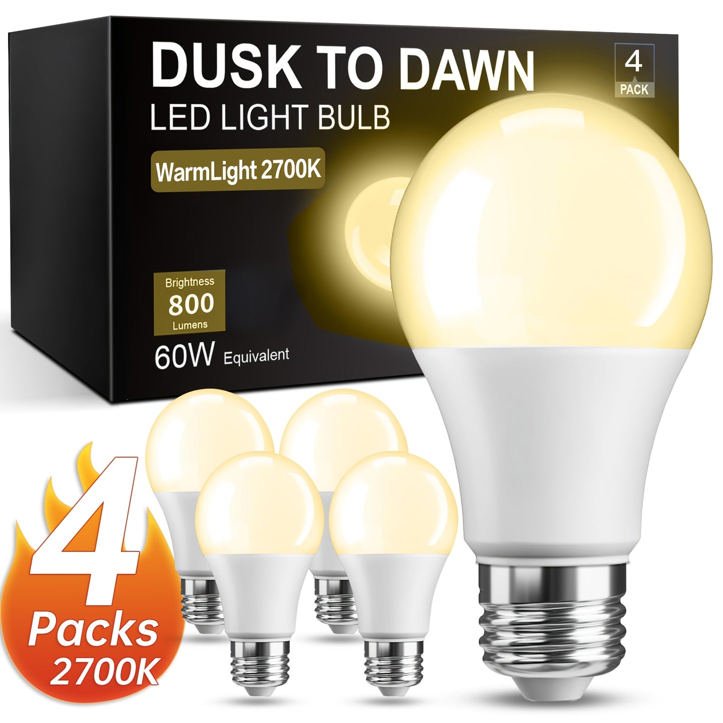 Dusk to Dawn LED Bulbs 4 Pack Auto On Off Light Sensor – 9W 60W Equivalent E26 Base 2700K Warm White for Porch Garage Pathway Outdoor Security Indoor Lighting
