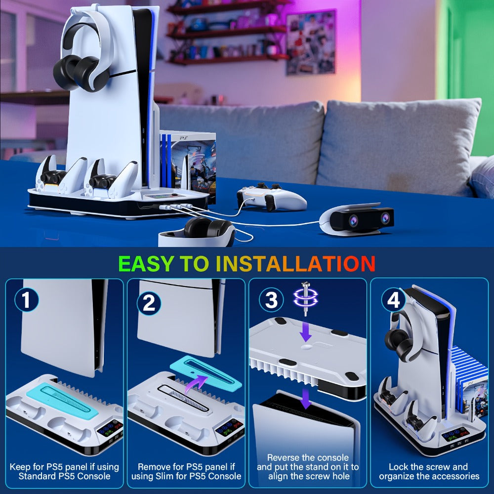 PS5 Pro Slim Cooling Station with Controller Charging Station for PS5/Slim/Pro Standard & Disc/Digital Console, Stand Cooler Accessories with Cooling Fan, 3 USB Hubs, Headset Holder & Screw Included