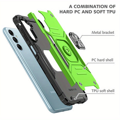 Ring Kickstand Samsung Galaxy A15 5G Case – 360° Rotating Stand Hybrid Armor Shockproof Rugged Cover with Magnetic Car Mount Plate, Dual Layer Hard PC TPU Bumper, Anti-Slip Grip – Black Blue Green Red Rose Gold
