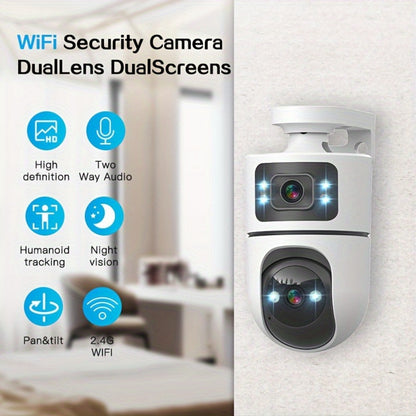 Dual Lens PTZ Outdoor Security Camera IP66 Weatherproof with Auto Tracking, Dual Screen, Night Vision, 2-Way Audio, Motion Detection & 2.4G WiFi – Wireless IP Cam for Home & Street Surveillance