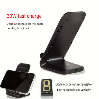 30W Ultra-Fast Wireless Charger Stand Dual Coil Smart Auto-Adjust 5W-30W for iPhone 17 16 15 14 13 12 11 Pro Max, Samsung Galaxy S24 S23 S22 S21 S20 S10, Google Pixel, Huawei, Xiaomi & All Qi Android – USB-C Black