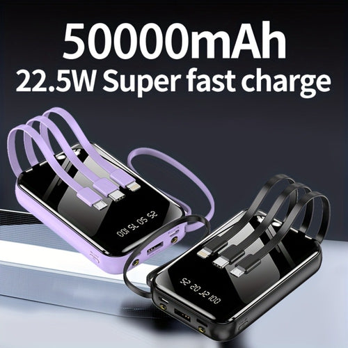 Built-in Cables Flashlight 50000mAh Power Bank Portable Charger, Fast Charging LED Display Emergency Battery Pack for iPhone Android Outdoor Travel Camping Hiking – Black Purple Available