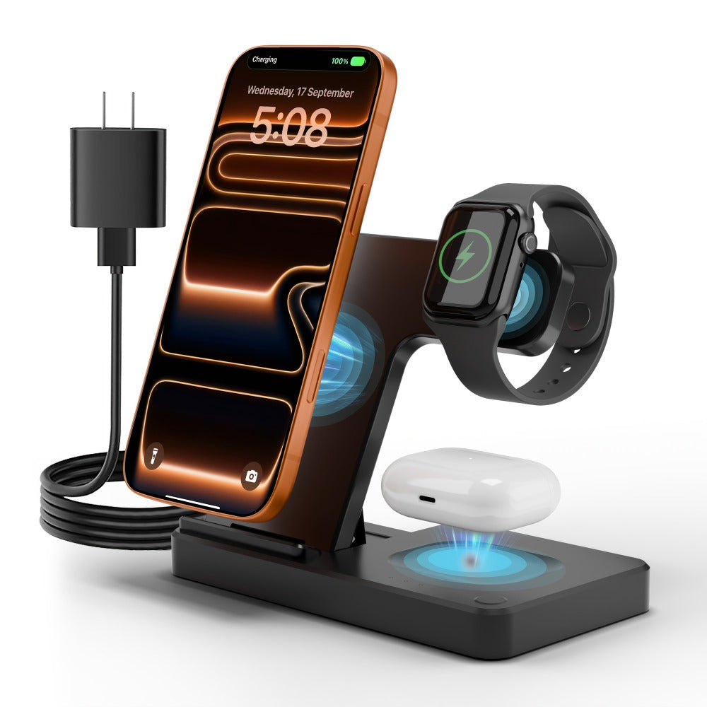 Vertical Horizontal Wireless Charging Station 3-in-1 Foldable 15W LED Indicator – Fast Charger for iPhone 17/16/15/14/13/12, Apple Watch Ultra 2/Series 10/9/8/7 & AirPods Pro 4/3/2 | Portrait Landscape Stand | Black & White