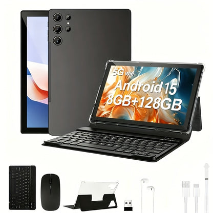 2-in-1 Tablet Android 15, 10.1 Inch Tablet with Keyboard Case Stylus, 8GB RAM 128GB ROM, 8000mAh Battery, 5G WiFi, 5MP+16MP Dual Camera, 1280x800 FHD IPS, Tablet PC for Adults Kids