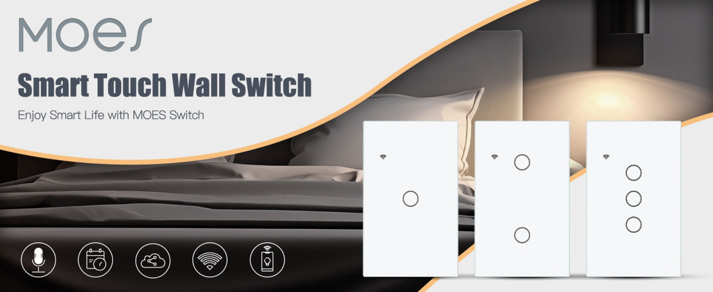 Smart WiFi Touch Wall Switch No Neutral Wire Required – MOES 1/2/3 Gang Light Switch, Works with Alexa & Google Home, App & Voice Control, Timer, 2.4GHz, No Hub, Single Pole, 110V White