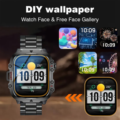 Men's Outdoor Smartwatch 4.6" HD Touch Screen with Wireless Calling & LED Display, USB Charging, Multiple Sport Modes, Heart Rate Activity Tracker, Compatible with iPhone & Android – Black Gold Gift Watch for Men