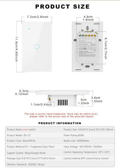 White Glass WiFi Bluetooth Touch Screen Smart Switch 1/2/3/4 Gang – Scratch-Resistant, Works with Alexa & Google Home, Tuya App, Smart Scenes, Timer, Share Function, 600W/Gang, Neutral Required