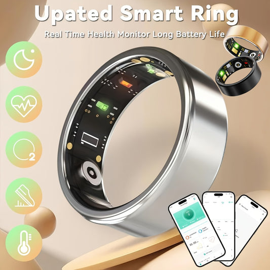 Smart Ring Health & Fitness Tracker Titanium – IP68 Waterproof, Sleep Heart Rate Step Calorie Stress Monitor, BLE 5.3 Magnetic Charging, Android iOS Compatible | Men Women Gift | Black Silver