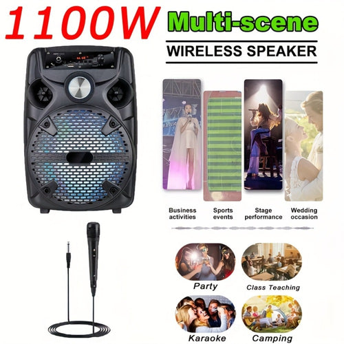 1100W Party Speaker with 7-Mode LED Lighting & Microphone – Portable Wireless Subwoofer, 8-Inch Bass Driver, Speaker Stand, 1800mAh Rechargeable Battery, TF USB AUX FM for Outdoor Parties & Karaoke