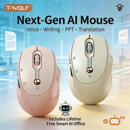 AI Wireless Mouse Voice to Text Real-Time Translation PPT Creation T-WOLF Silent Rechargeable Bluetooth 2.4G Dual Mode Battery Display Laptop PC Mac Windows Android Yellow Pink