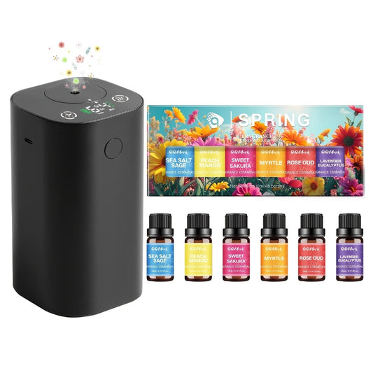 Waterless Essential Oil Diffuser Nebulizer – 4 Mist Levels, 1/2/3/4/6H Timer, Auto-Off, Battery Operated Mini Scent Machine for Home Car Bedroom Hotel, Essential Oil Bundles (Silver & Black)