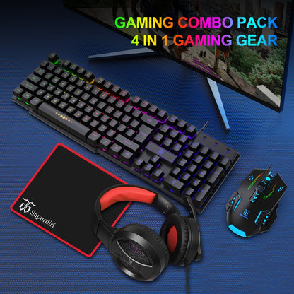 Gaming Keyboard and Mouse Combo 4-in-1 Wired Gaming Set with Headset Mouse Pad for PC Xbox PS4 Desktop Laptop RGB Bundle All-in-One Gaming Peripheral Kit for Beginners Black