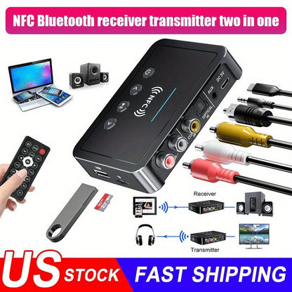 Bluetooth Transmitter Receiver 2-in-1 Wireless Audio Adapter with 3.5mm AUX NFC Input to Dual RCA Output, USB Powered – Stream Music to Home Stereo, TV, Speaker, Car Audio System