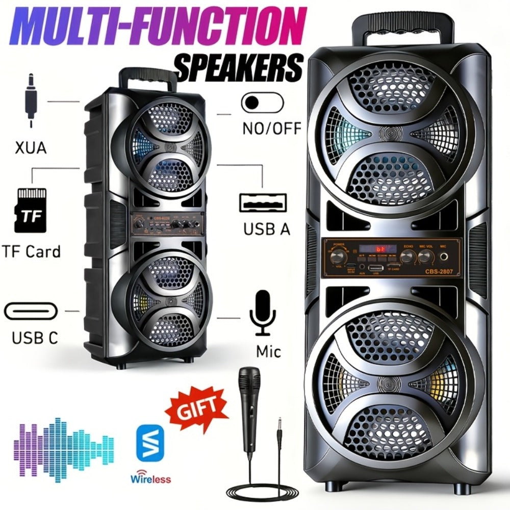 RGB Dual Speaker Portable Bluetooth Stereo Sound System with Subwoofer, Ambient Lighting, Two Speaker Sizes, Deep Bass for Party, Camping, Home Entertainment