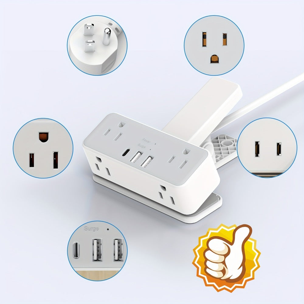 Clamp-On Desk Edge Power Strip with USB Ports & Surge Protection - 6ft Extension Cord, 1250W, US Plug, Clamp Design for Desktop Bed Edge Home Office Kitchen Charging Station