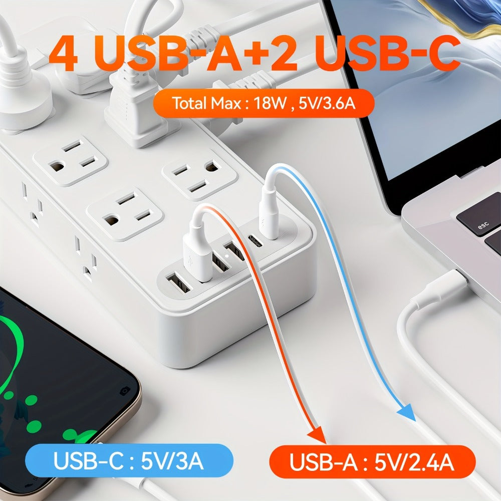 Flat Plug Power Strip 18-in-1 Fire-Resistant Surge Protector with 12 AC Outlets & 6 USB Ports (4 USB-A & 2 USB-C), 5ft Extension Cord, Charging Station for Home, Office & Travel