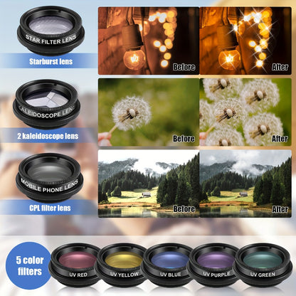 16-in-1 Phone Camera Lens Kit – Fisheye, Wide Angle, Macro, Kaleidoscope & CPL Clip-On Lenses + Selfie Light, Universal Smartphone Camera Upgrade for iPhone & Android, Travel & Content Creation