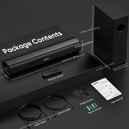 2.1 Channel Soundbar with Subwoofer for TV PC Gaming – Wireless Bluetooth Optical AUX Wall-Mountable Surround Sound System, Plug & Play Home Theater Speaker