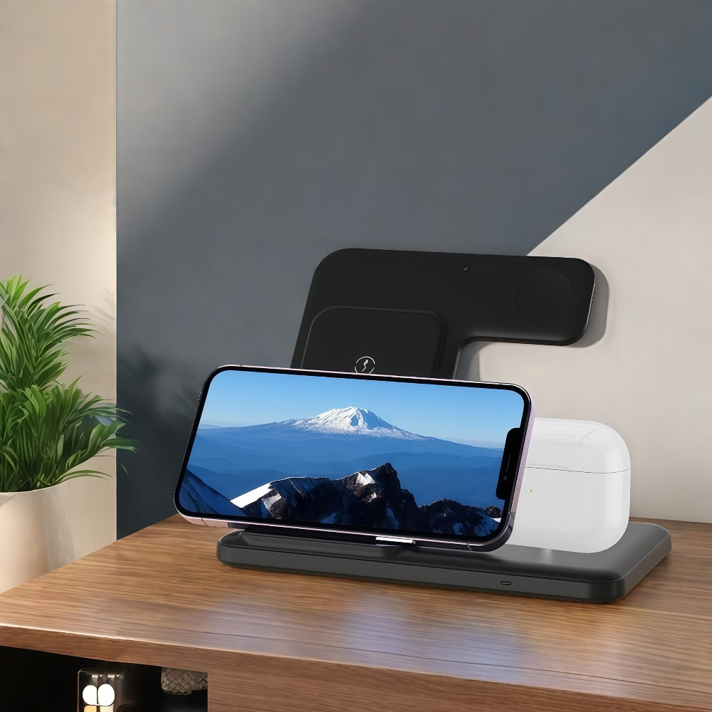 USB-C 3-in-1 Wireless Charging Station Upright Stand – Fast Charge Dock for iPhone 16 15 14 13 12 Pro Max, Apple Watch Ultra Series 10 9 8 7 SE & AirPods Pro 2 | Black & White
