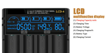 18650 Battery Charger with LCD Display, Universal Smart Charger for 3.7V & 1.2V Rechargeable Batteries – Compatible with 26650, 18650, 18490, 18350, 17670, 17500, 16340, 14500, RCR123A Sizes