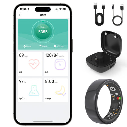 Smart Ring Fitness Tracker with Charging Case – Sleep Tracker Step Counter Distance Monitor for Women & Men | Sizes 7-13 | Black Silver Gold | iPhone & Android | USB Rechargeable | Health Gift