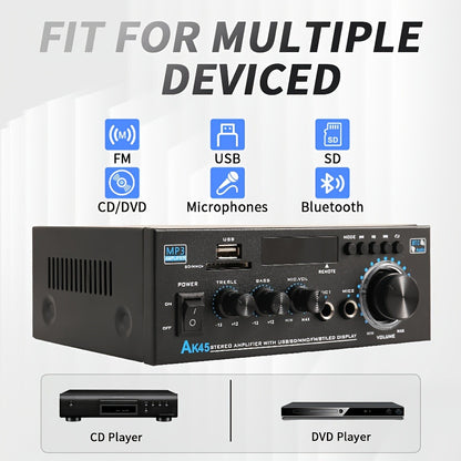 400W Bluetooth 5.0 Stereo Amplifier Receiver AK45, 2-Channel Home Audio Power Amp with Karaoke, FM Radio, USB MMC SD Card, Supports Passive Ceiling Speakers Garage Home Theater Speaker System