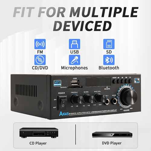 400W Bluetooth 5.0 Stereo Amplifier Receiver AK45, 2-Channel Home Audio Power Amp with Karaoke, FM Radio, USB MMC SD Card, Supports Passive Ceiling Speakers Garage Home Theater Speaker System