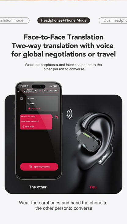 AI Translation Wireless Earbuds Real-Time 135 Languages Open-Ear Design Full-Color Touch Screen Gaming Headset Bluetooth for Travel Business Study iOS Android