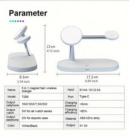 Wireless Charging Station 3-in-1 QC3.0 Adapter Included Magnetic Fast Charger Stand for iPhone 15 14 13 12 11 Pro Max Mini XR XS X SE 8, Apple Watch Series 1-9 Ultra, AirPods 4 3 2 Pro – White Black