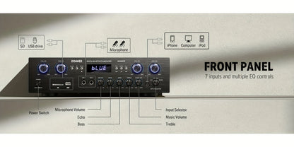 Donner 4-Channel Home Stereo Receiver Amplifier with USB SD FM Radio, Dual Mic Input Echo, RCA, LED Display for Home Sound System Karaoke Living Room