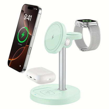 3-in-1 Wireless Charging Station 6 Colors Fast Qi Charger for iPhone 17/16/15/14/13/12, Apple Watch Ultra/Series 11/10/9/SE & AirPods 4/3/2 Pro – Anti-Slip Foreign Object Detection | Pink White Black Purple Green Blue
