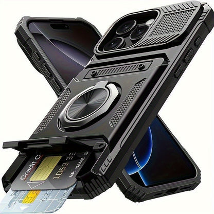 iPhone Card Slot Shockproof Case with Ring Holder & Kickstand – Wallet Phone Cover for iPhone 17 17 Air 17 Pro Max 16 15 14 13 12 11 Pro Max Plus Mini | Heavy Duty Drop Protection