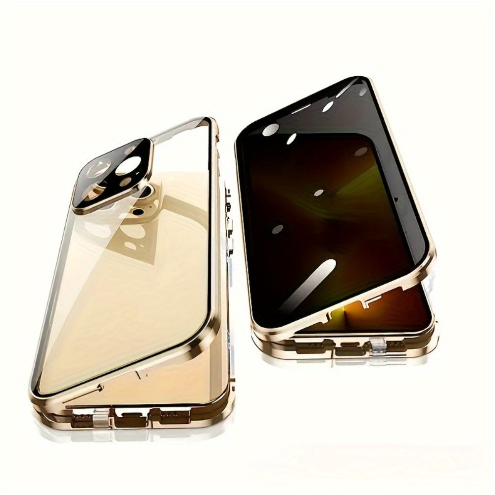 Double-Sided Glass iPhone Case with Stand 2-Piece Set Magnetic 360 Metal Frame Privacy Safety Lock Lens Protection for iPhone 16 Pro Max 16 Pro 16 Plus 16 15 Pro Max 14 Pro Max