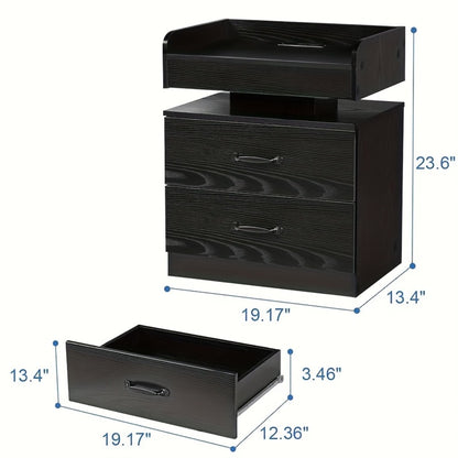 Wooden Nightstand with LED Ambient Light & Charging Station – Fabric Drawer, Blue Glow, Modern Bedside Table for Bedroom Living Room End Table, Black or White (Single or 2-Pack)
