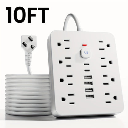 14-in-1 Wall-Mountable Power Strip with Surge Protector – 8 AC Outlets & 6 USB Ports (2 USB-C), Flat Plug Space-Saving Extension Cord, Overload Protection for Home School Office, 5ft or 10ft