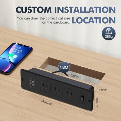 Recessed Power Strip In-Desk Embedded Socket 7-in-1, 3 AC Outlets & 4 USB Ports, Slim Space-Saving Design, 6ft Extension Cord, Countertop Power Station for Home Office Hotel Conference Room – BOCHLION BKL-U58