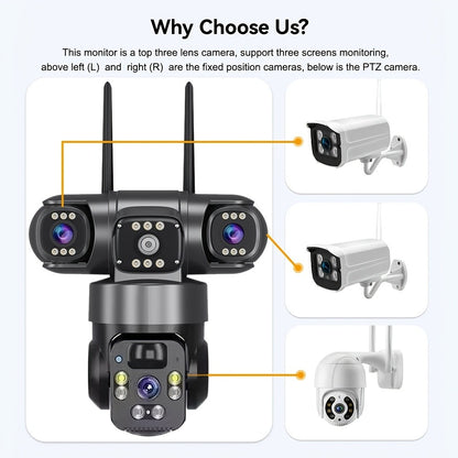 4K Solar Powered Outdoor Security Camera PTZ 360° Triple Lens Panoramic 10X Zoom 8000mAh Battery WiFi AI Human Detection Color Night Vision Two-Way Audio Driveway Farm