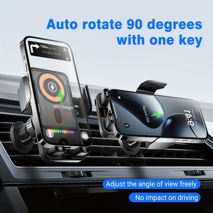 Car Wireless Charger 15W Auto-Align Smart Sensor FOD Detection Auto-Sensing Infrared Clamp 4mm Case Friendly Rotating Air Vent Mount for iPhone 17 16 15 14 Pro Max, Samsung Galaxy S24 S23 & All Qi Devices – Wired Backup Included