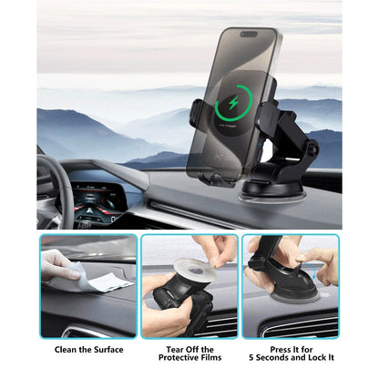 Auto-Clamping Car Wireless Charger 15W Blue Gold Stylish Vent Clip Phone Mount 360° Rotation for iPhone 16 15 14 13 12 11 Pro Max, Samsung Galaxy S24 S23 S22 S21, All Qi Devices – Blue & Gold