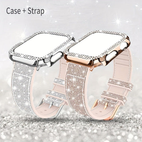 Apple Watch Band with Case Crystal Rhinestone Bling, Chameleon Color-Shift Strap + Shockproof Hard PC Cover, Compatible with Apple Watch Series 1-9 SE Ultra 38mm to 49mm S10 – Rose Gold Black Silver Women
