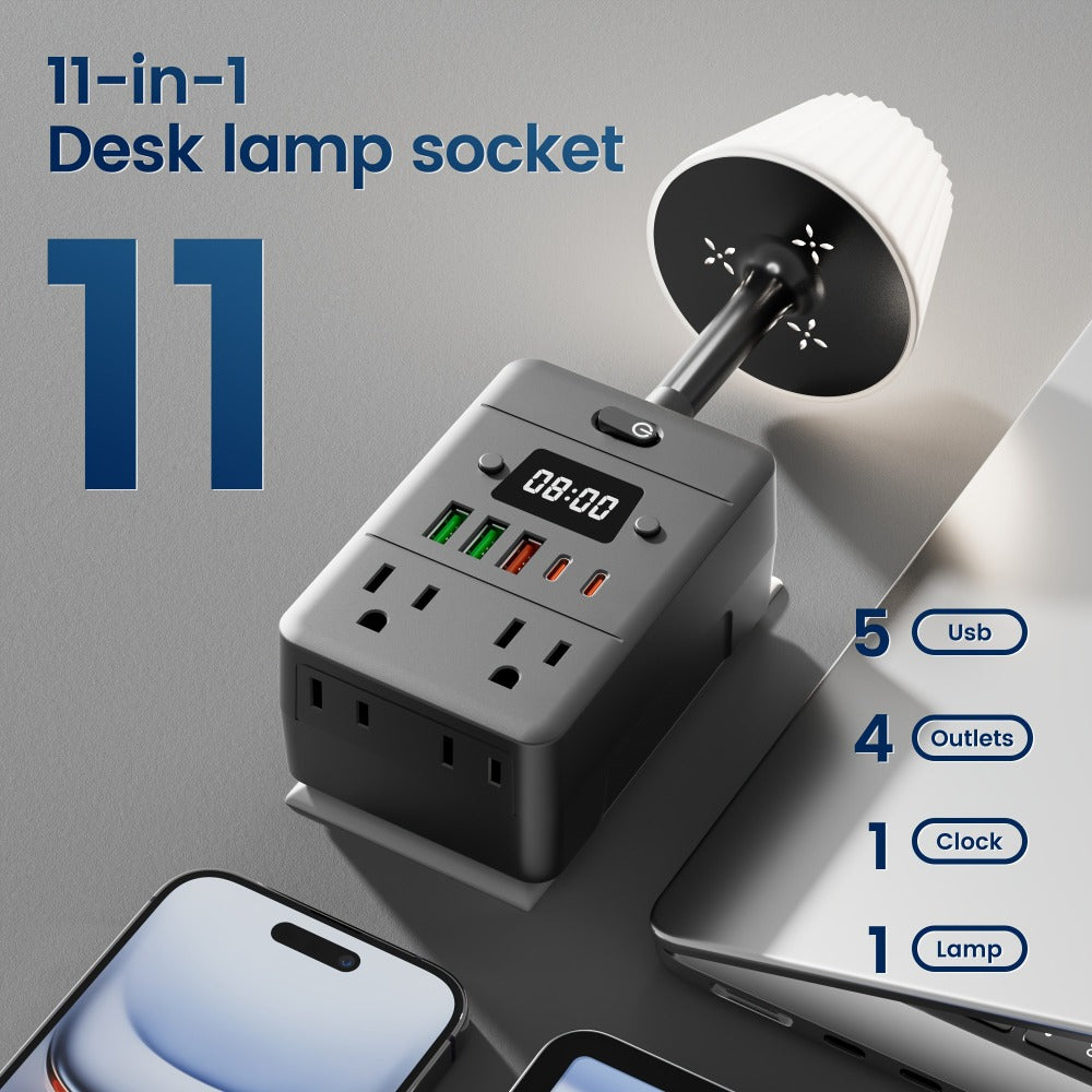 Desktop Power Strip with LED Desk Lamp & Clock 9-in-1, 4 AC Outlets & 5 USB Ports (3 USB-A & 2 USB-C), Surge Protection & Overload Safety for Office, Study, Home & School