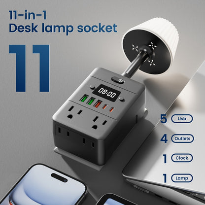 Desktop Power Strip with LED Desk Lamp & Clock 9-in-1, 4 AC Outlets & 5 USB Ports (3 USB-A & 2 USB-C), Surge Protection & Overload Safety for Office, Study, Home & School