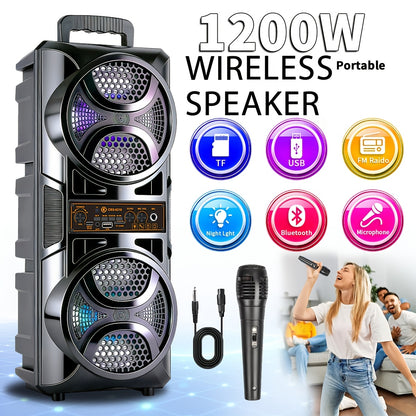 1200W PA Bluetooth Speaker with Wired Microphone & LED Lights – Portable Rechargeable Wireless Speaker, Supports AUX, USB & FM Radio, Ideal for Parties, Outdoor Events & Holiday Gifts