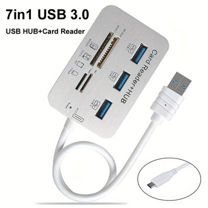 7-in-1 USB C Hub with SD TF MS M2 Memory Card Reader Adapter – 3 & 4 Port USB 3.0 Extender for PC, Laptop, MacBook, Mouse, Keyboard, Flash Drive, MMC