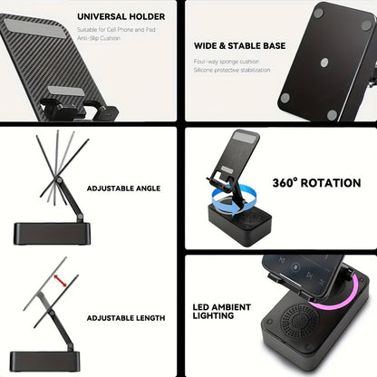 Bluetooth Speaker Phone Holder 5-in-1, 360° Adjustable Tablet Stand with HD Surround Sound, USB Rechargeable Portable Speaker Dock for Smartphones Tablets Home Office Desk